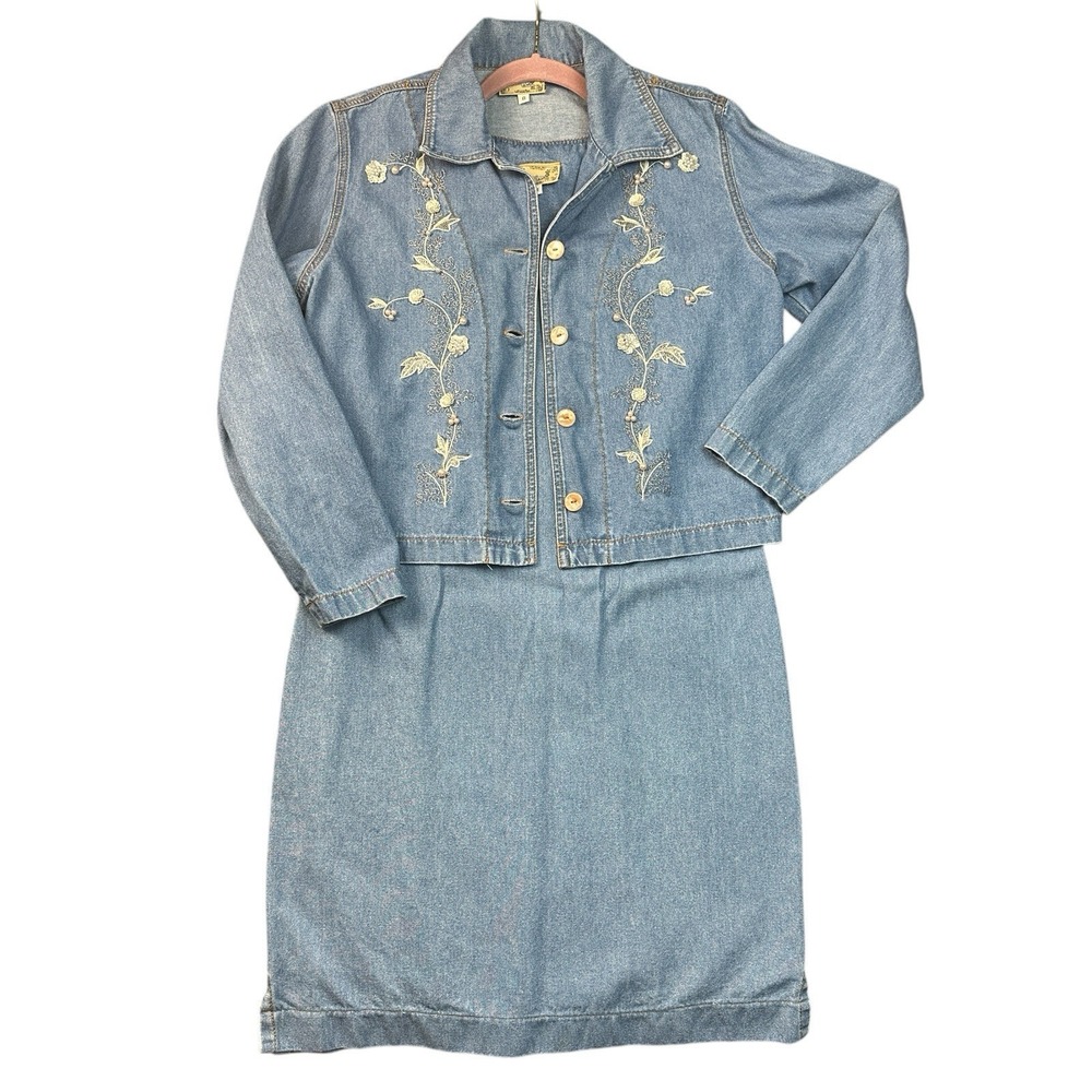 VTG Monique Fashions Denim Dress Jacket Set Size 8 Light Blue‎ Embroidered USA
